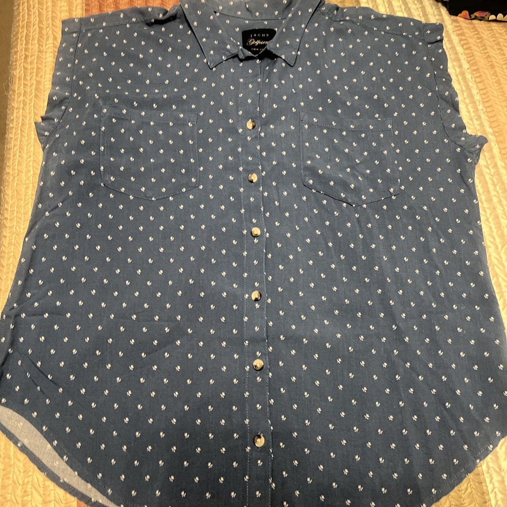 Jachs Girlfriend Womens Cap Sleeve Blouse Blue White Floral Rayon Large NWT